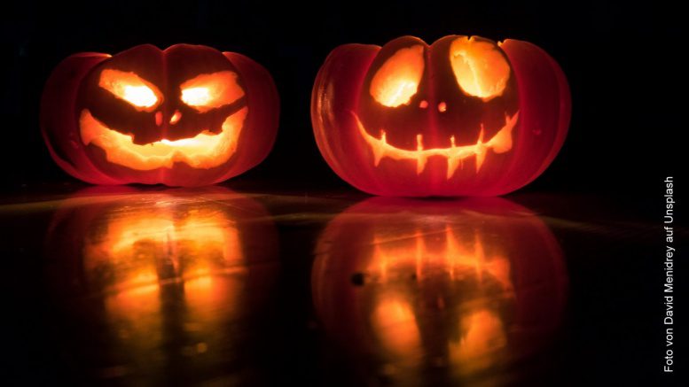 Zwei Halloween Kürbisse beleuchtet im dunkeln