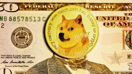 Dogecoin Münze und Dollar Note