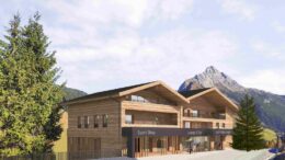 Rendering der Lech Valley Lodge mit Bergpanorama in Arlberg